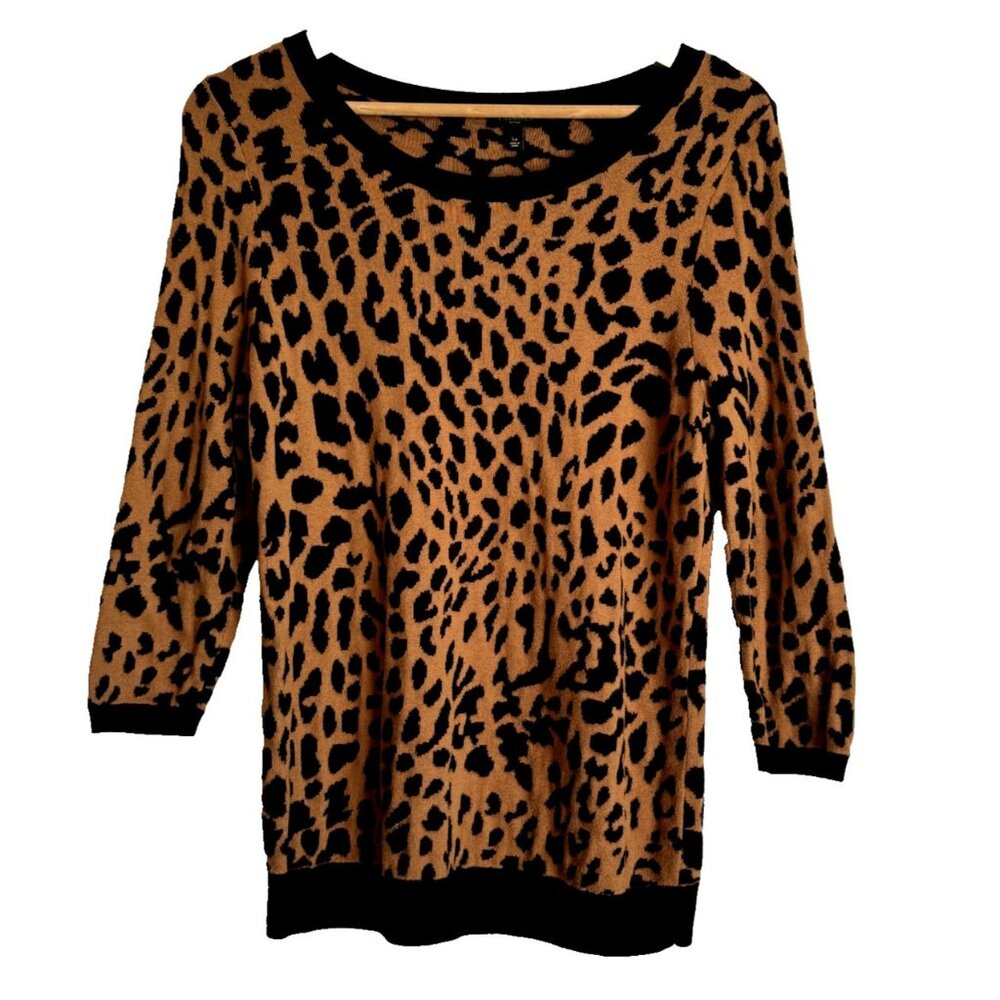 Talbots Brown Cheetah Print Sweater Women’s Large Petite 3/4 Sleeve Casual